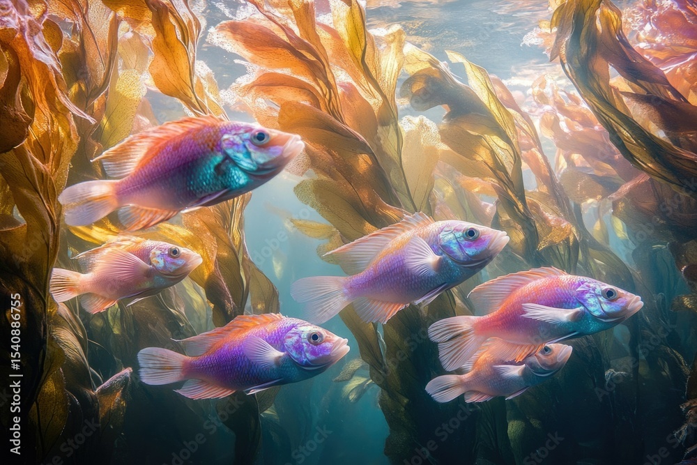 Naklejka premium A vibrant school of fish swims through kelp forests in clear, turquoise waters, a serene underwater scene.