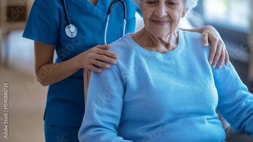 A caregiver gently reassures an elderly woman seated in a warm, inviting living room. The atmosphere reflects kindness, trust, and companionship during a health check-in