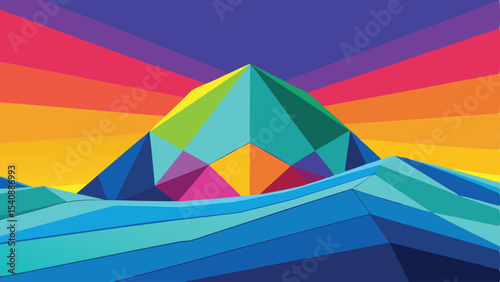 Colorful geometric mountain landscape with gradient sky for creative design projects