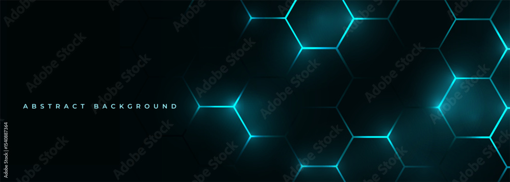 Dark hexagon abstract technology background with blue colored bright flashes under hexagon. Hexagonal gaming vector tech wide illustration.