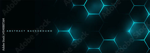 Dark hexagon abstract technology background with blue colored bright flashes under hexagon. Hexagonal gaming vector tech wide illustration.