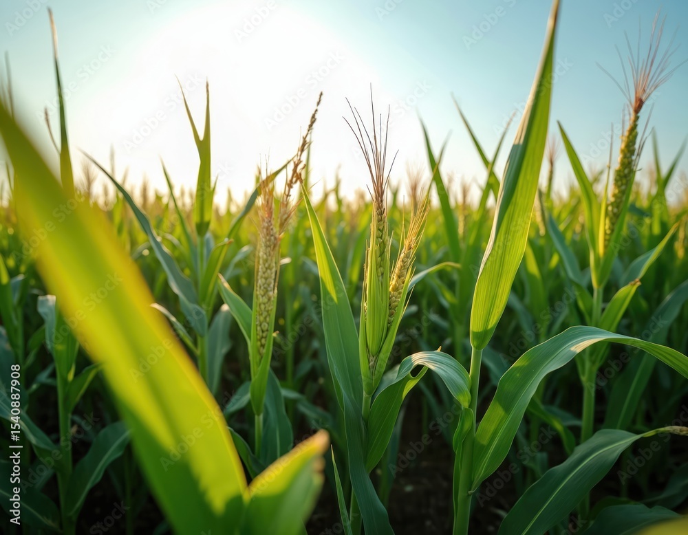 Obraz premium Healthy corn plant at farmland against blue sky. Green leaves, grain growing. Farming in asia. Concept of agriculture, eco food, harvest, organic, farm field.