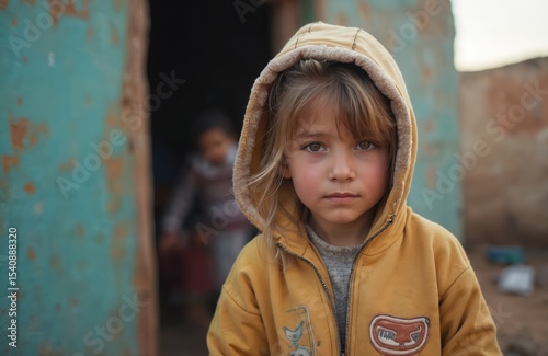 Portrait beautiful girl poverty. Child in yellow hoodie stands looking at camera. Childish innocence, eyes. Shanty town, background. Concept poorness, social issues. Poverty, slum, childhood in