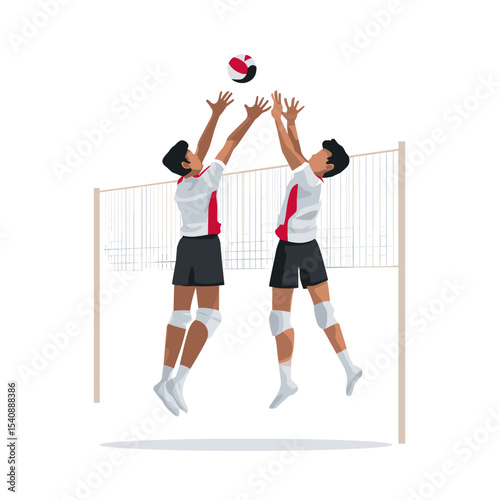 Two male volleyball players jumping to block the ball over the net, wearing uniforms, vector illustration
