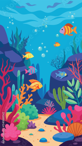 Colorful marine ecosystem illustrative art featuring diverse fishes and underwater life