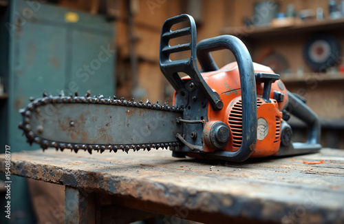 Old chainsaw in rustic workshop on wooden table. Rusted blade, chain, engine close-up. Vintage tools, logging forestry industry. Heavy duty tool for cutting timber. Rough, worn, used, dirty, dusty.