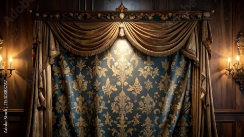 Ornate damask curtains, sconces with candles, wooden paneling create luxurious, elegant scene with a dramatic and vintage style.