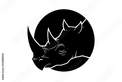 Rhino Skull with Cracked Horn, Savannah Sunset Circle on White Background – Wildlife Art