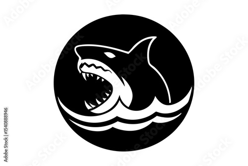 Stylized Shark Skull Over Crashing Wave Circle - Bold Oceanic Art on White Background