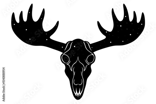 Majestic Moose Skull with Antlers and Northern Lights Retro Sky on White Background – Wildlife Art