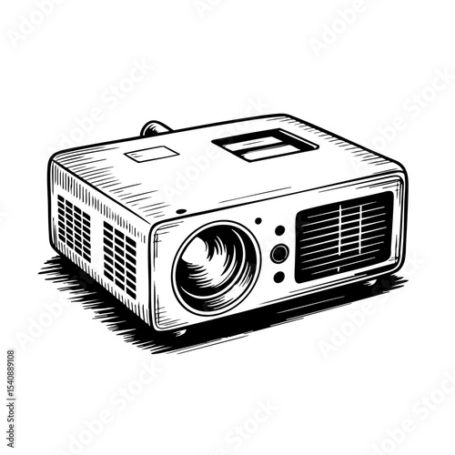 Vintage projector illustration in ink sketch style with detailed features  