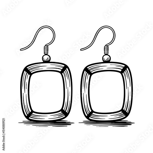 Vintage square earrings drawn in ink sketch style  