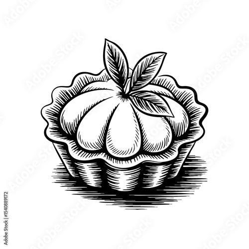Vintage ink sketch of a tartlet with leaf garnish on white background  