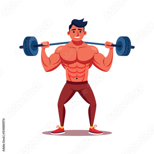 Fit Muscular Man Working Out with Dumbbells and Barbell – Fitness Vector Illustration
