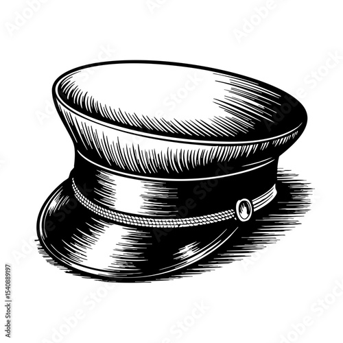 Vintage train conductor hat illustration in black and white  