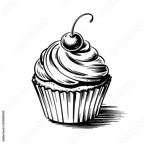 Vintage cupcake sketch with cherry on top in black and white  