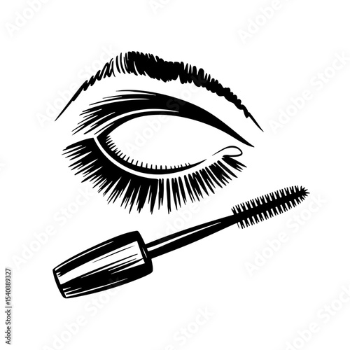 Eye with eyelashes and mascara tube in vintage sketch style  