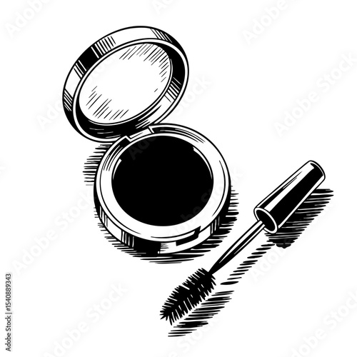 Vintage sketch of a makeup compact and mascara wand on white background  