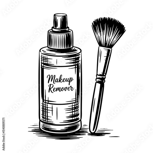 Makeup remover bottle and brush in vintage sketch style  