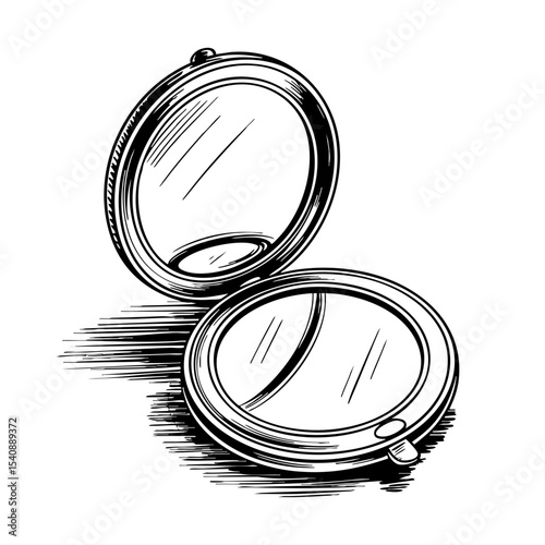 Vintage compact mirror ink sketch in black and white  