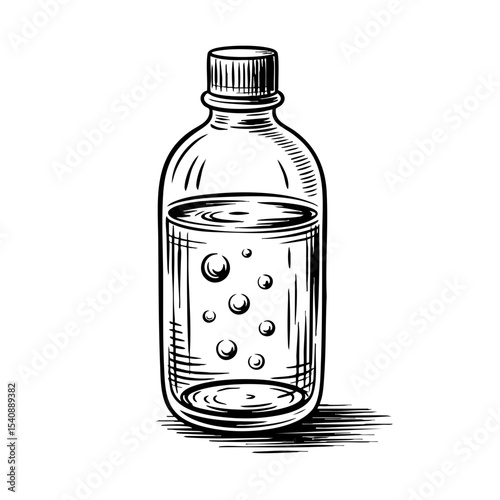 Vintage ink sketch of a transparent bottle with bubbles of water  