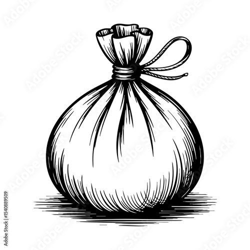 Vintage ink sketch of a tied pouch with a drawstring design  