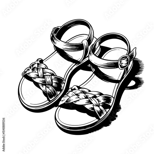 Braided sandals in vintage sketch style, black and white illustration  