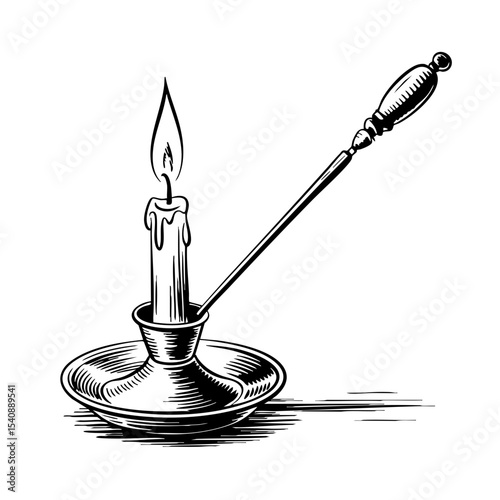 Vintage candle snuffer with burning candle in detailed sketch style  