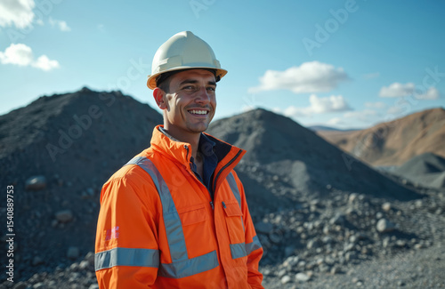 Smiling FIFO worker wearing safety helmet, high visibility orange jacket. Man at mining site, construction industry, natural resources, wearing uniform. Focus on male employee in front of rock pile,