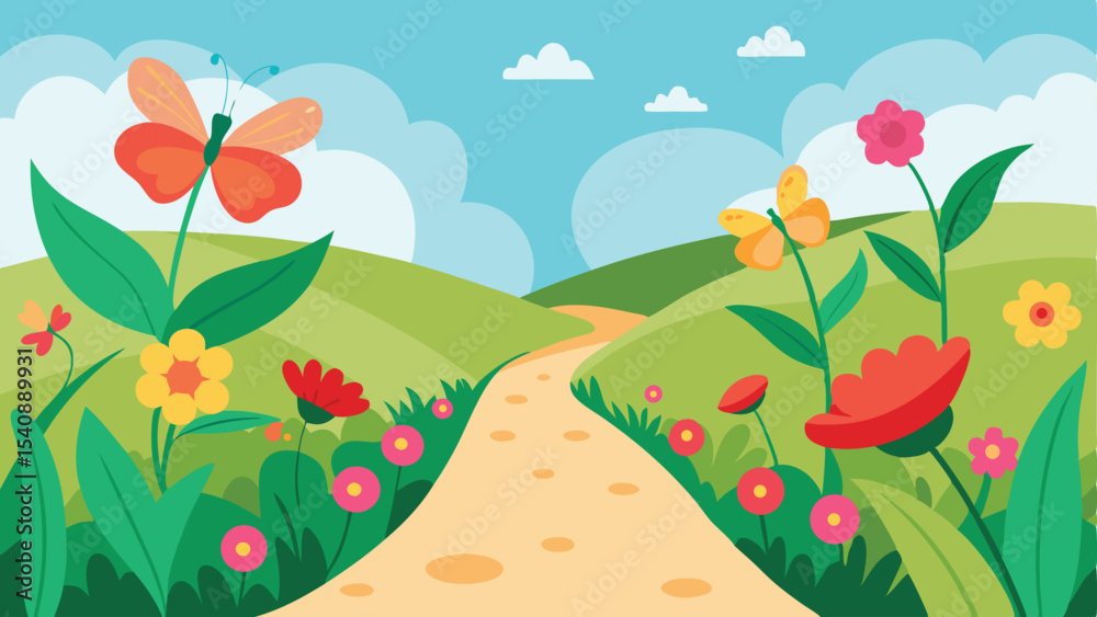 Fototapeta premium Colorful spring meadow with butterflies and flowers a scenic nature illustration