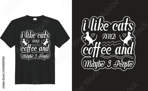   cat and coffee 3 people A versatile clothing design template for casual wear, featuring front and back views on black cotton textile