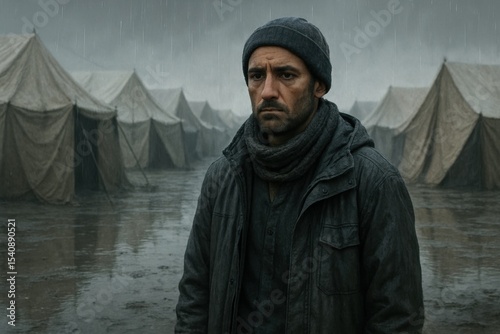 A somber man stands in a refugee camp during a heavy rain, wearing a beanie and scarf to shield himself from the inclement weather, tents lining the waterlogged ground.