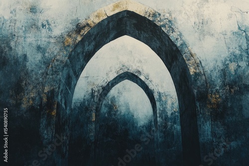 A series of gothic arches recede into a textured, dimly lit tunnel, creating depth and mystery.