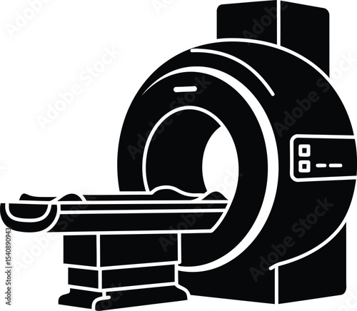 Black and white illustration of a magnetic resonance imaging machine for medical and healthcare diagnostics
