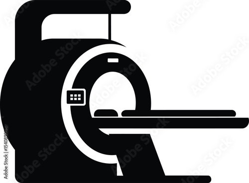A simplified black and white silhouette illustration of a magnetic resonance imaging machine for healthcare diagnostic purposes and medical concepts