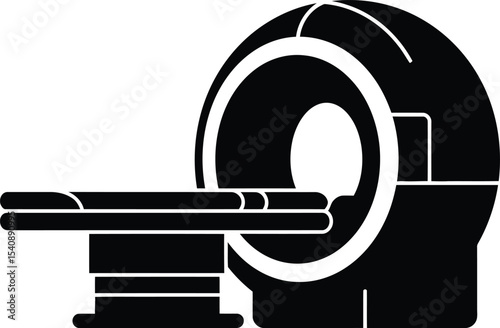A bold black and white illustration of a medical mri scanner depicting diagnostic and healthcare procedures