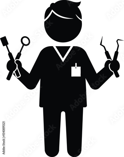 Illustrated silhouette of a dentist holding dental tools representing oral health and dental care in vector format