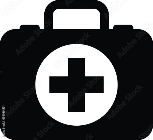 Simple black and white illustration of a first aid kit representing medical emergency care for healthcare and medical related topics.