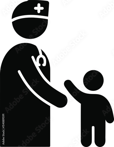Vector illustration of a pediatrician and a child in a simple black and white medical icon design representing healthcare and medical examinations