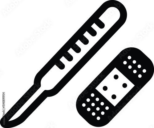 Simple black and white medical illustration featuring a thermometer and adhesive bandage representing health and healthcare concepts
