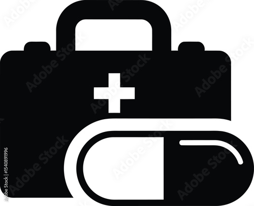 Black and white medical icon featuring first aid kit and capsule representing health and healthcare