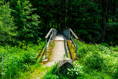 Wood and tell Bridges over the Mitternacher Ohe River in the bavarian Forests Germany.