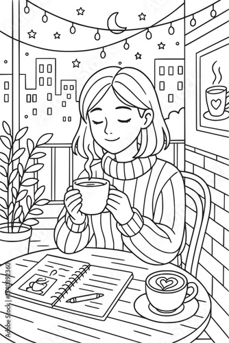 Girl Enjoying Coffee on Cozy Balcony – Nighttime Coloring Page for Teens