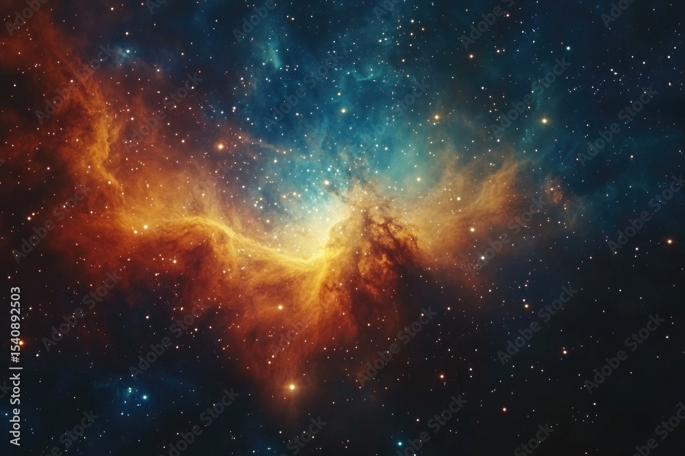 Naklejka premium A breathtaking cosmic vista featuring swirling nebulae in vibrant hues of orange, blue, and gold, amidst a field of twinkling stars.