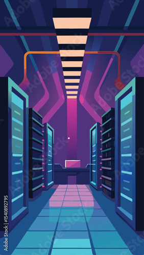 Digital server room illustration featuring modern data center technology and futuristic design