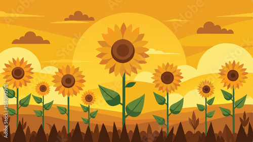 Flat landscape illustration featuring sunflowers, clouds, and the warm hues of a sunset