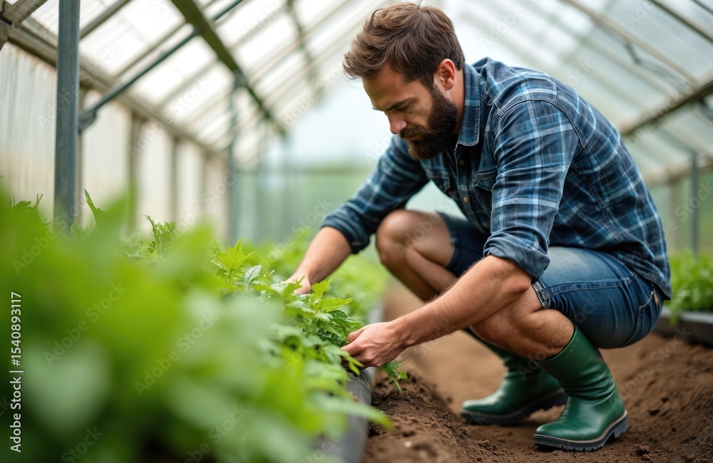 Fototapeta premium Farmer, man in greenhouse tending green plants. Male gardener working soil, gardening. Agriculture, farming eco concept. Sustainable business, organic produce, healthy eating.