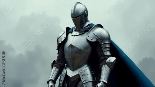 Medieval knight in full silver armor with a cape, realistic style, cloudy moody sky background, concept of heroism and medieval warfare