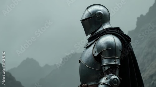 Knight in shining armor with black cape standing in profile on a foggy mountain background, concept of bravery and medieval heroism