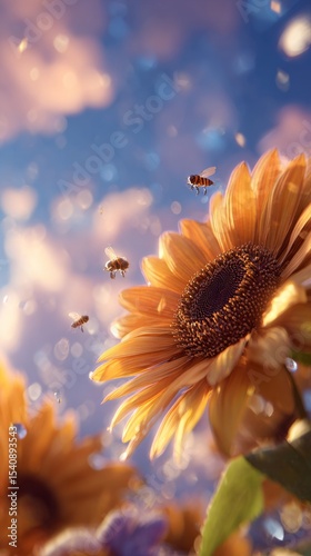 Sunflowers Bloom Under a Vibrant Sky With Bees Actively Pollinating During Go...